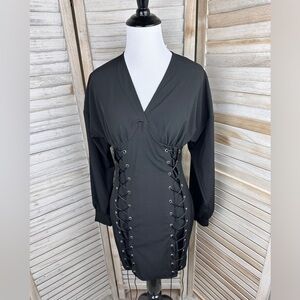 Black Long Sleeve Whimsigoth Vixen Corset Laced Front Panel Bodycon Dress Medium